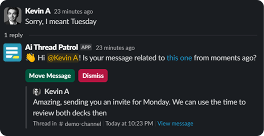 A Thread Patrol suggestion in Slack based on the 15-second recency rule