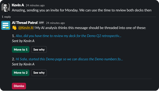 A Thread Patrol suggestion in Slack showing multiple thread options based on AI analysis