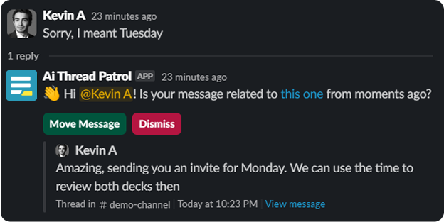 Close-up of the 'Move' and 'Dismiss' action buttons on a Thread Patrol suggestion
