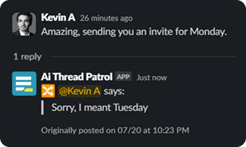 Example of a message that has been copied into a thread by Thread Patrol, marked with an emoji